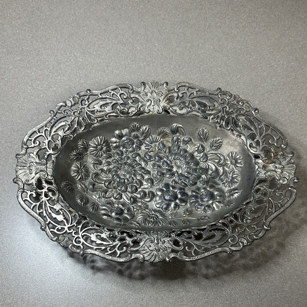 Ornate Silver vintage Repousse Floral Oval Tray